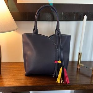 Brand new fun designer bag, Navy blue, tassels and navy, hello and dark pink.
